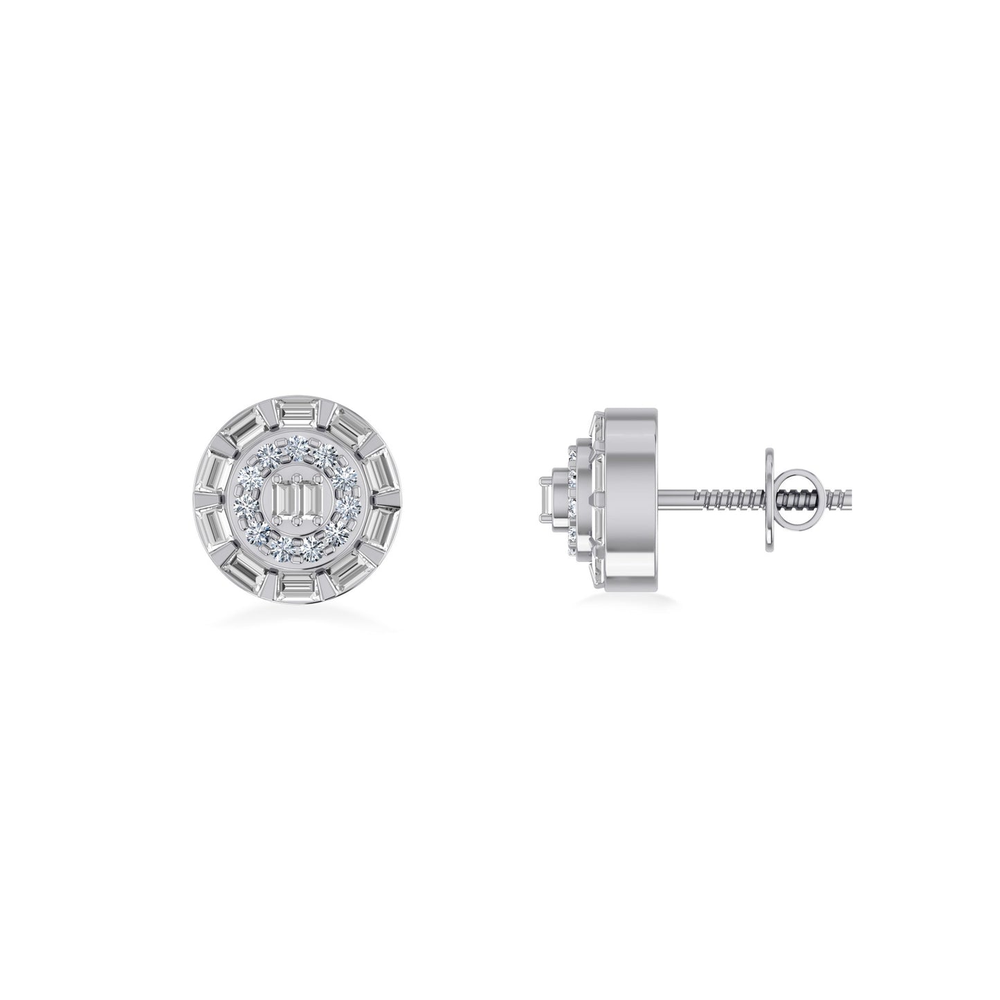 10K White Gold Round Baguette Diamond Designer Earring 1/4 Cttw