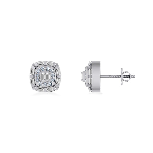 10K White Gold Round Baguette Diamond Square Designer Earring 1/4 Cttw