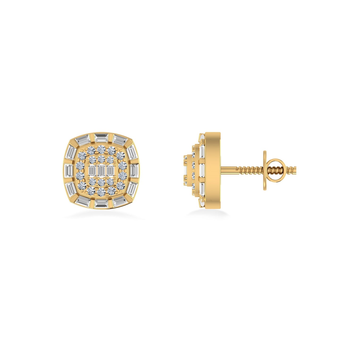 10K Yellow Gold Round Baguette Diamond Square Designer Earring 1/2 Cttw