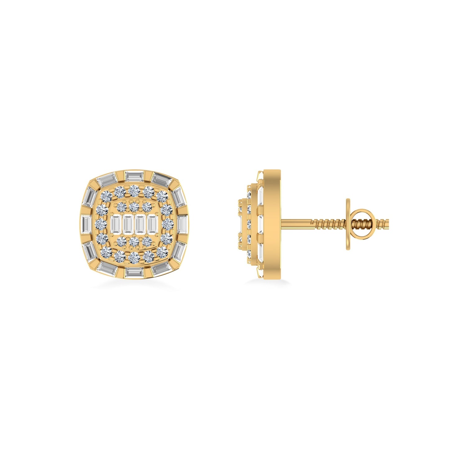 10K Yellow Gold Round Baguette Diamond Square Designer Earring 3/4 Cttw