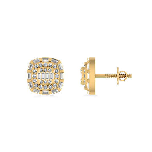 10K Yellow Gold Round Baguette Diamond Square Designer Earring 3/4 Cttw