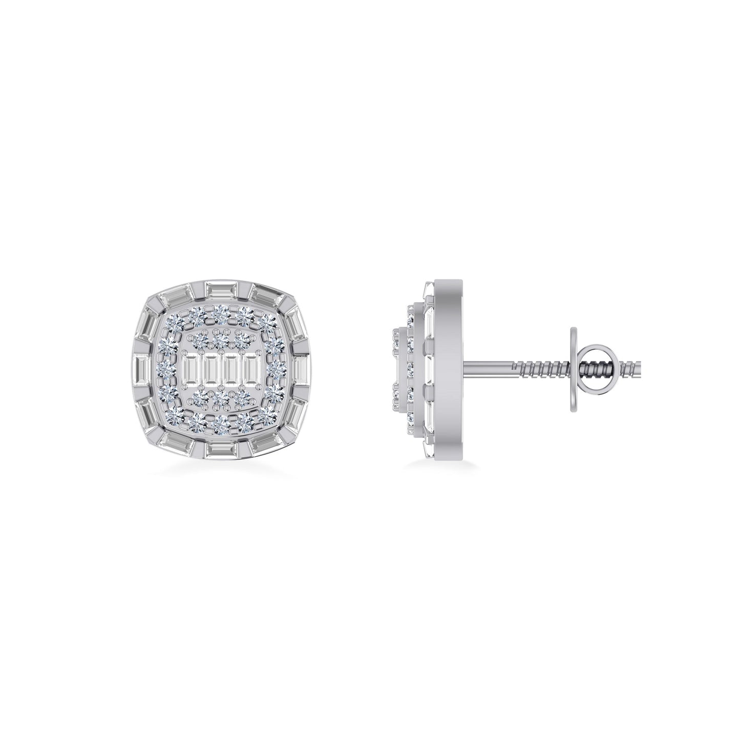 10K White Gold Round Baguette Diamond Square Designer Earring 3/4 Cttw