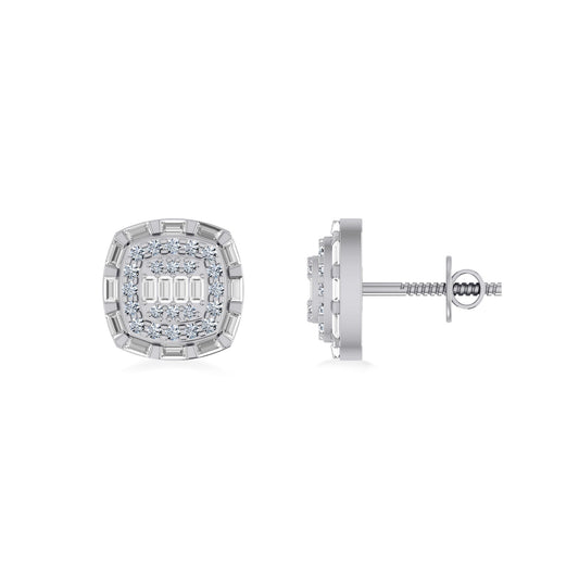 10K White Gold Round Baguette Diamond Square Designer Earring 3/4 Cttw