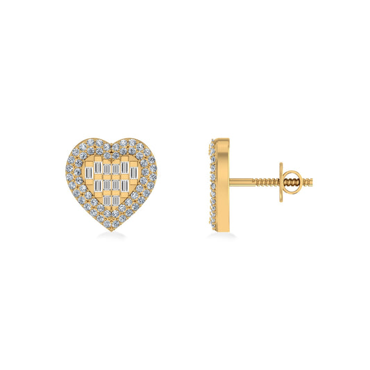 10K Yellow Gold Round Baguette Diamond Halo Heart Designer Earring 1/2 Cttw