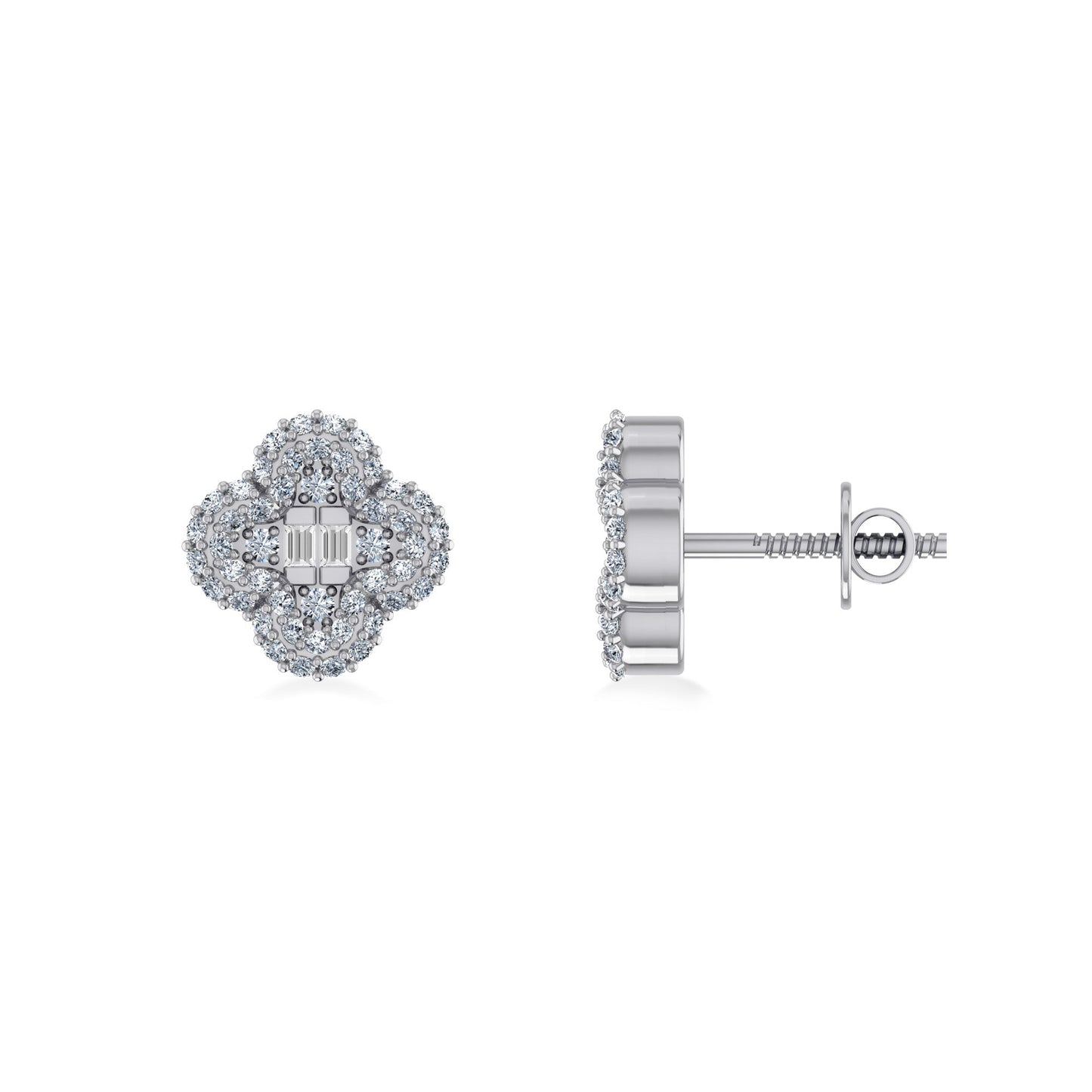 10K White Gold Round Baguette Diamond Floral Designer Earring 1/3 Cttw