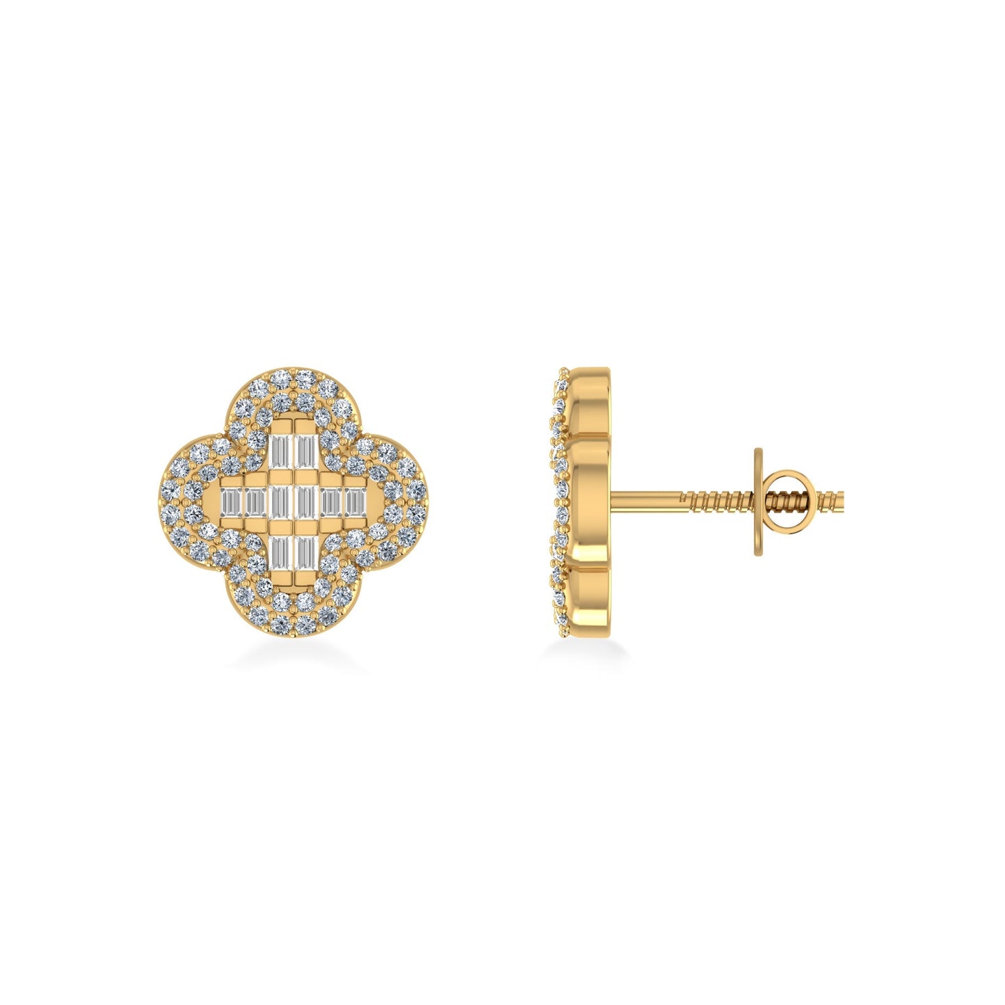 10K Yellow Gold Round Baguette Diamond Halo Floral Designer Earring 1/2 Cttw