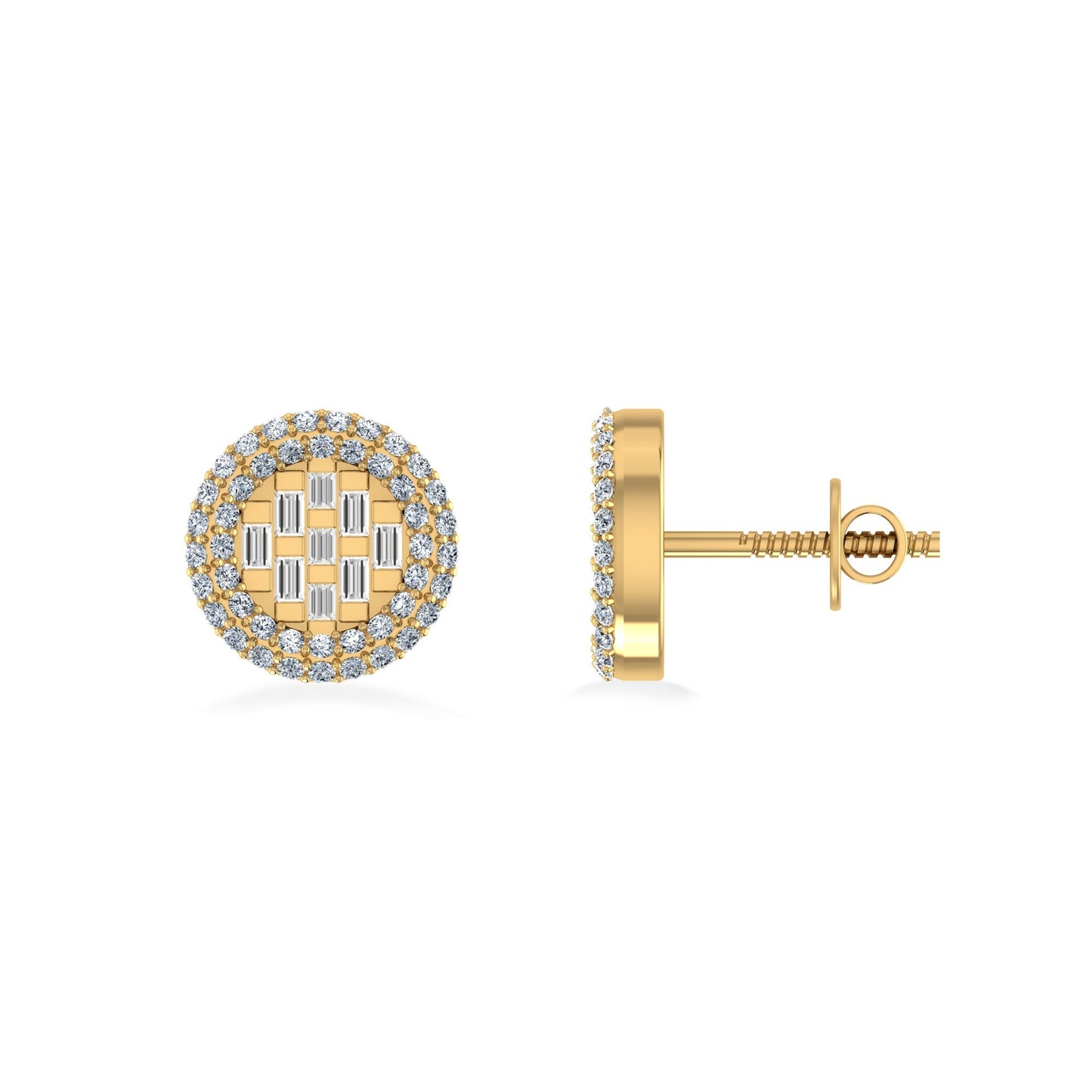 10K Yellow Gold Round Baguette Diamond Halo Designer Earring 3/8 Cttw