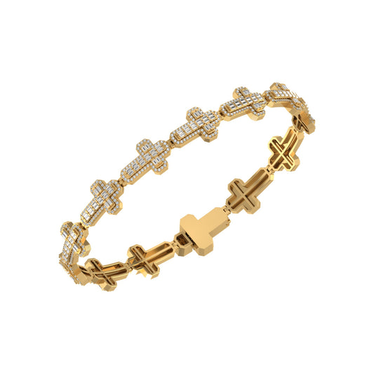 10K Yellow Gold Round Baguette Diamond Cross Religious 8 Inch Bracelet 3 Cttw