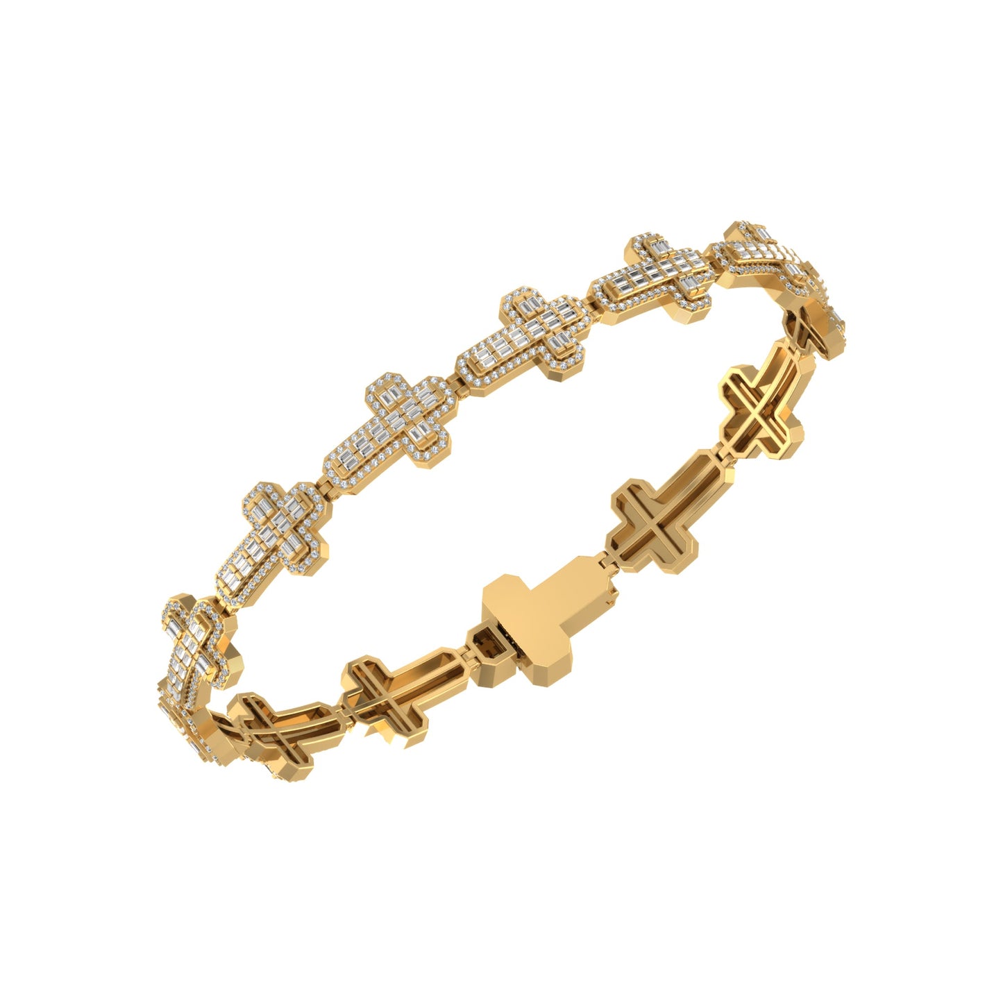 10K Yellow Gold Round Baguette Diamond Cross Religious 8 Inch Bracelet 3 Cttw