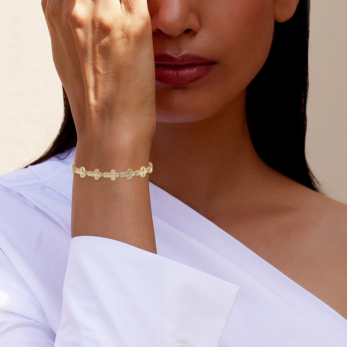 10K Yellow Gold Round Baguette Diamond Cross Religious 8 Inch Bracelet 3 Cttw