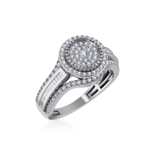 10K White Gold Round Baguette Diamond Halo Sz 7 Designer Ladies Ring 7/8 Cttw