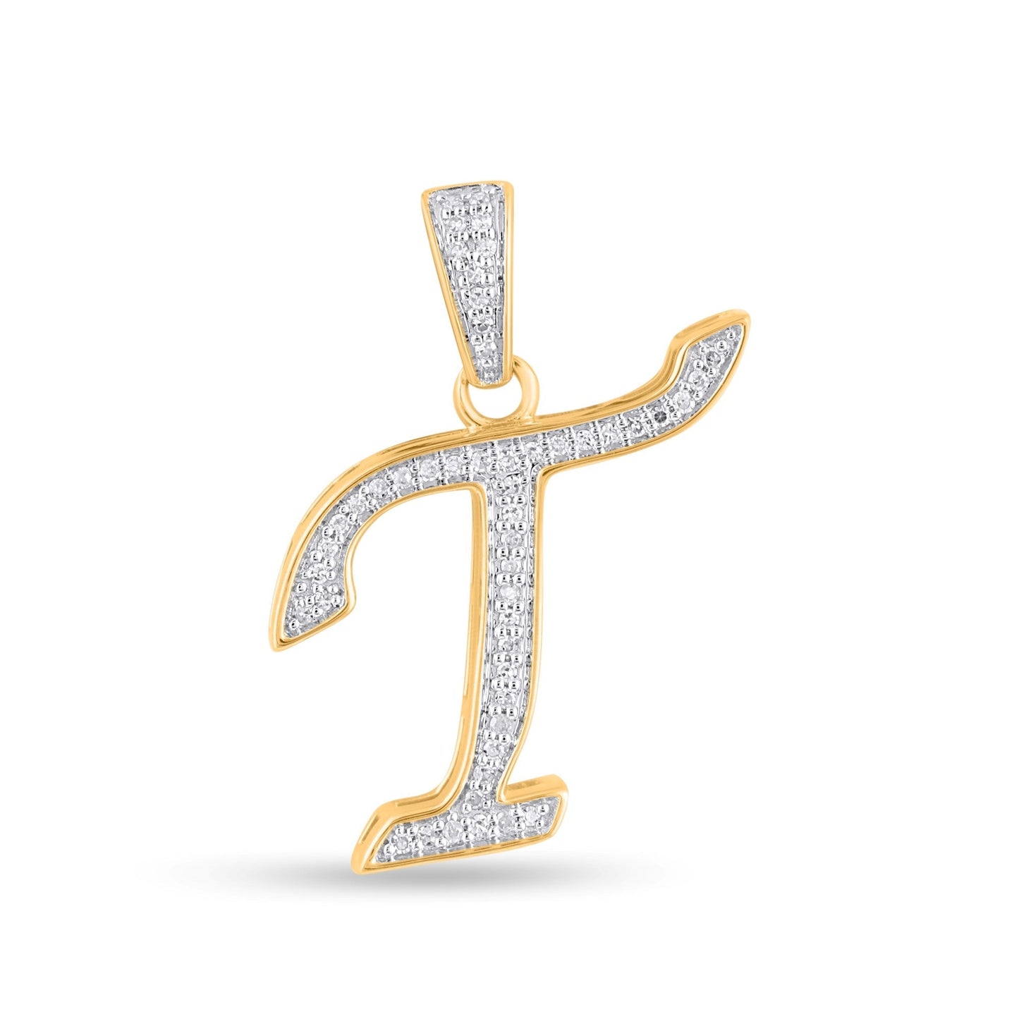10K Yellow Gold Round Diamond T Letter Initial Pendant 1/10 Cttw
