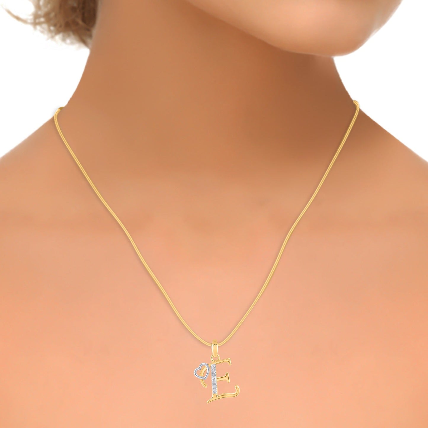 10K Yellow Gold Round Diamond E Letter Initial With Heart Pendant 1/10 Cttw