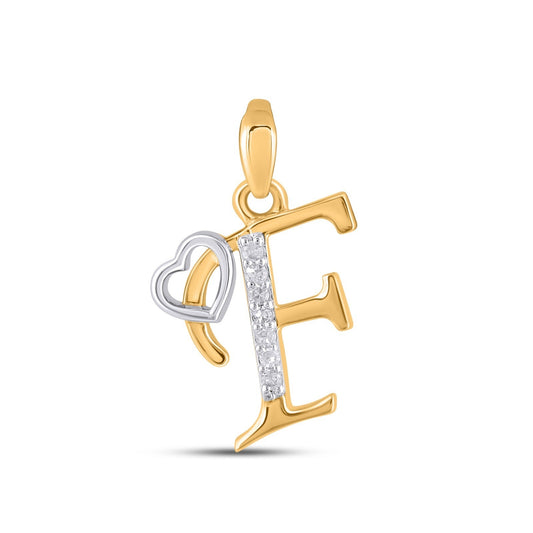 10K Yellow Gold Round Diamond F Letter Initial With Heart Pendant 1/10 Cttw