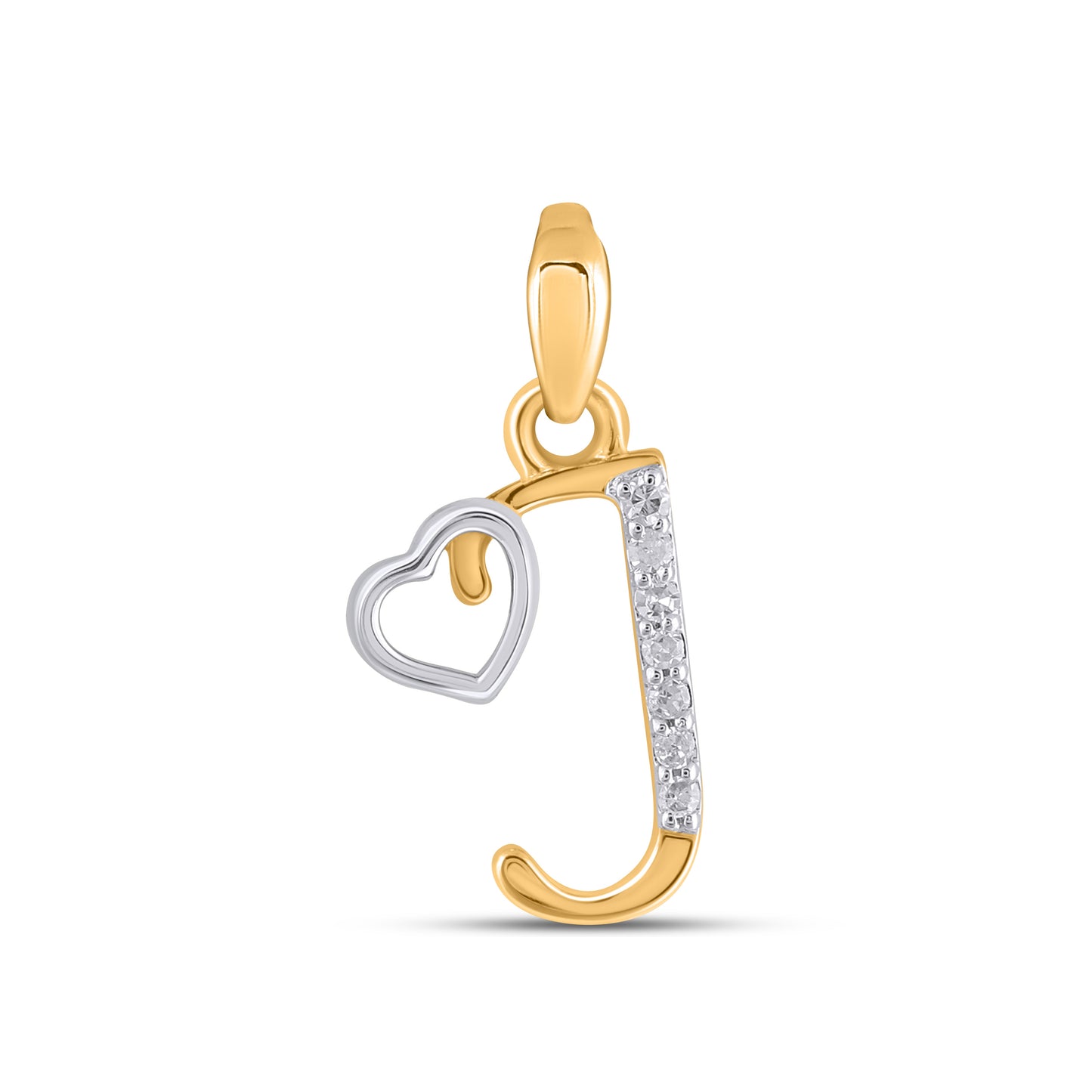 10K Yellow Gold Round Diamond J Letter Initial With Heart Pendant 1/10 Cttw