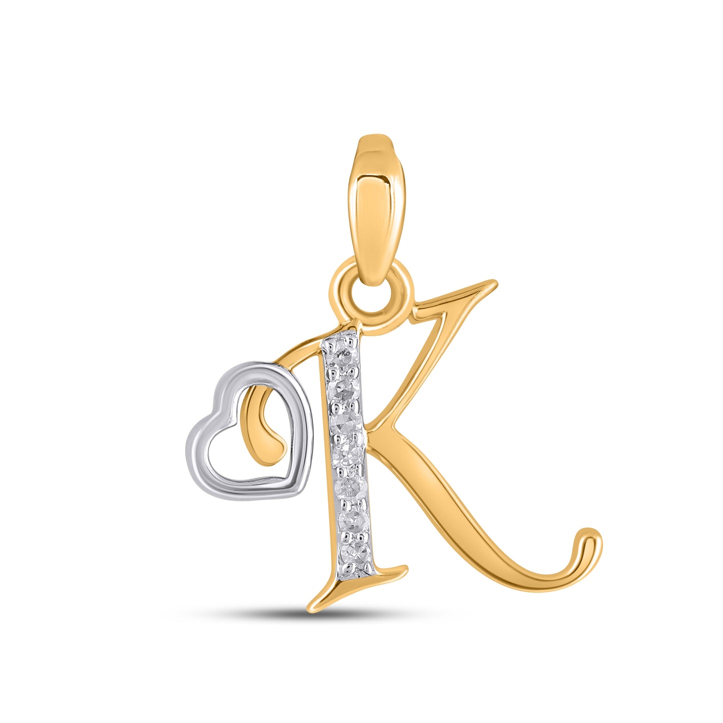10K Yellow Gold Round Diamond K Letter Initial With Heart Pendant 1/10 Cttw