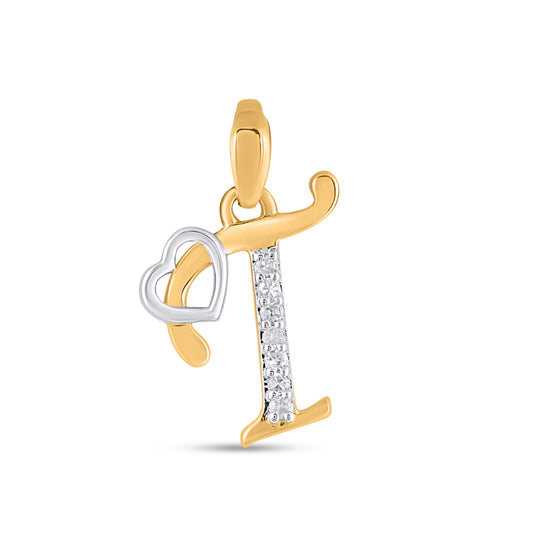 10K Yellow Gold Round Diamond T Letter Initial With Heart Pendant 1/10 Cttw