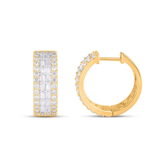 10K Yellow Gold Round Baguette Diamond 3 Row Designer Hoop Earring 1 Cttw