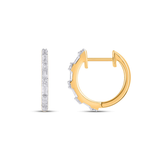 10K Yellow Gold Round Baguette Diamond Designer Hoop Earring 1/3 Cttw