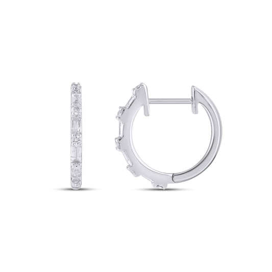 10K White Gold Round Baguette Diamond Designer Hoop Earring 1/4 Cttw