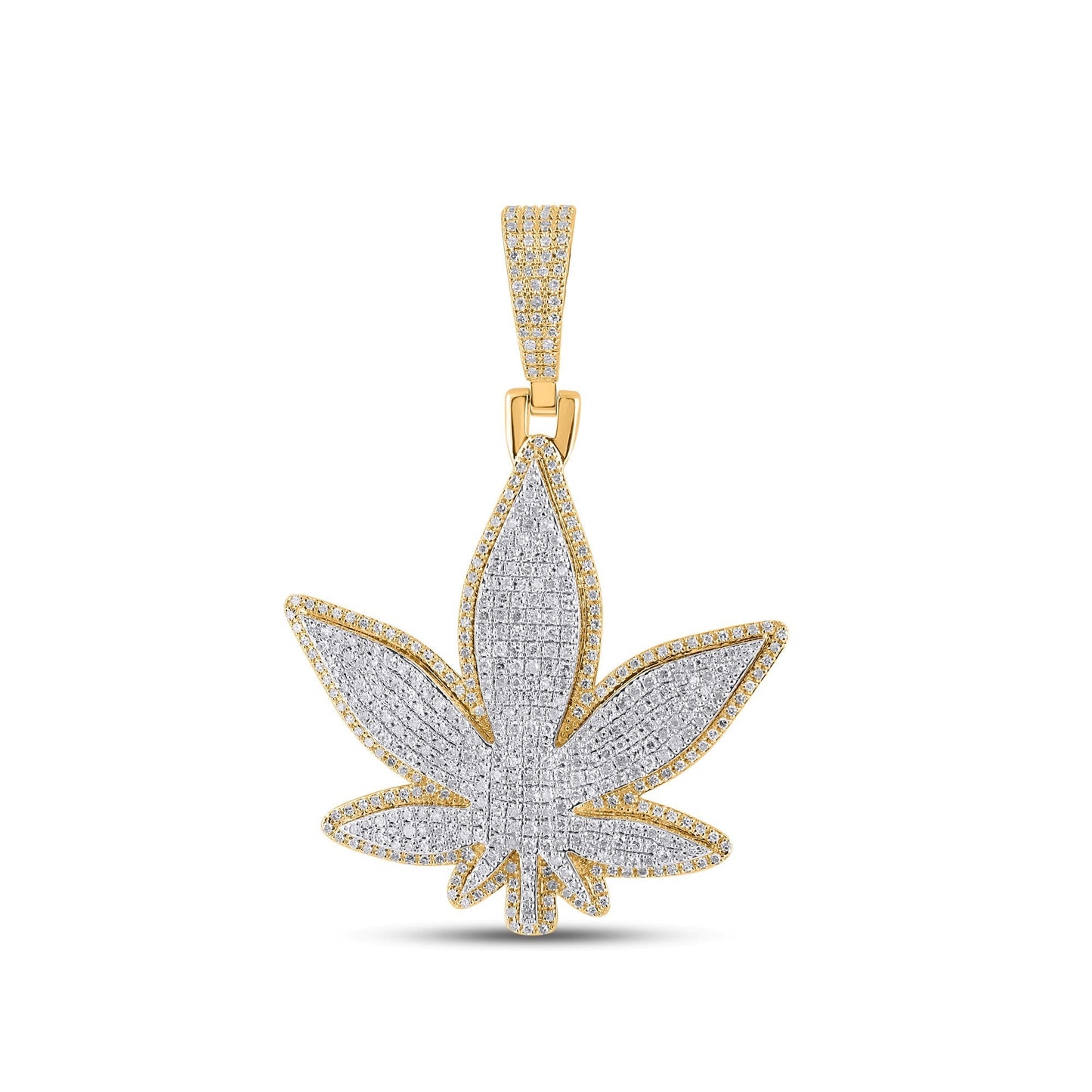 10K Yellow Gold Round Diamond Weed Leaf Pendant 1-1/2 Cttw