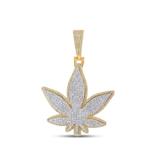 10K Yellow Gold Round Diamond Weed Leaf Pendant 1-1/2 Cttw