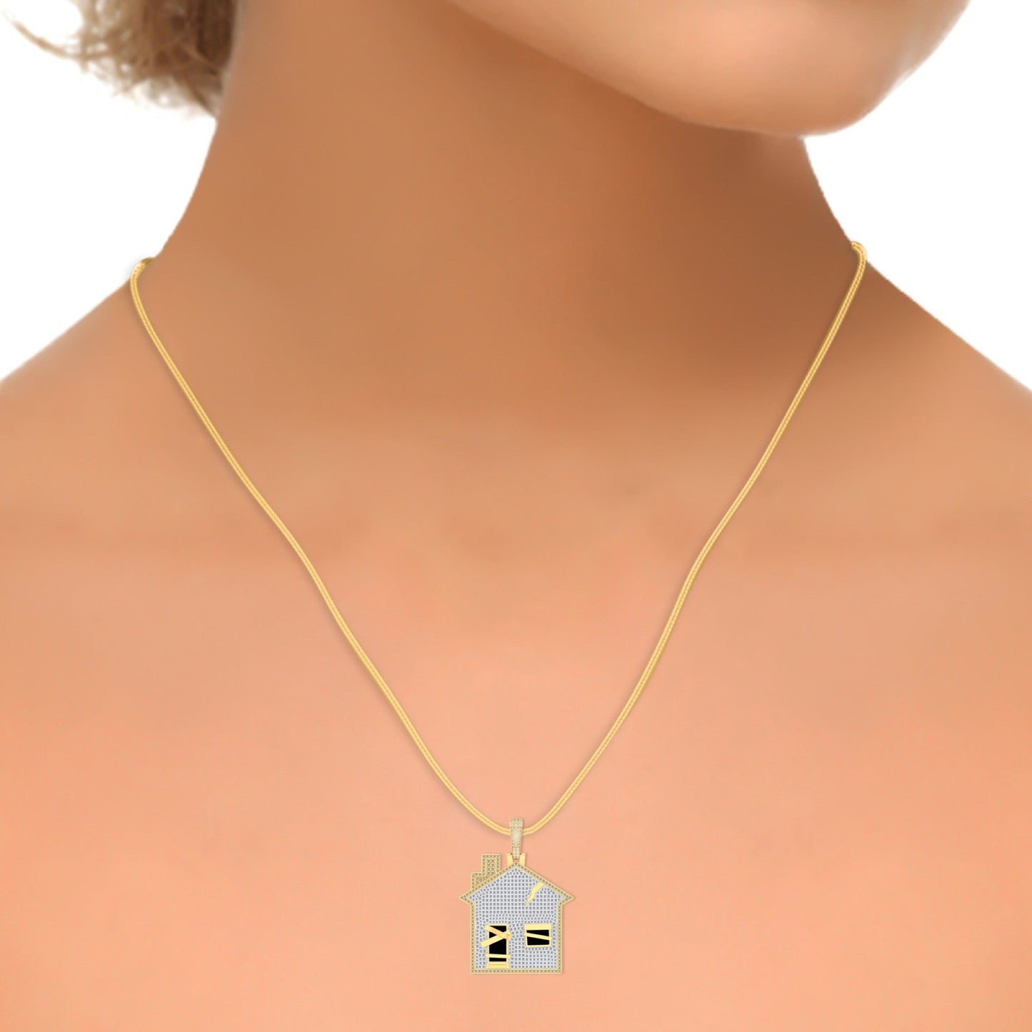 10K Yellow Gold Round Diamond House Designer Pendant 1-3/4 Cttw