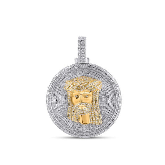 10K Yellow White Two Tone Round Baguette Diamond Jesus Face Religious Pendant 2 Cttw