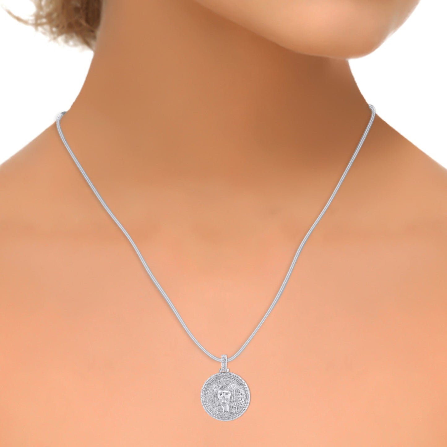 10K White Gold Round Baguette Diamond Jesus Face Religious Pendant 2 Cttw