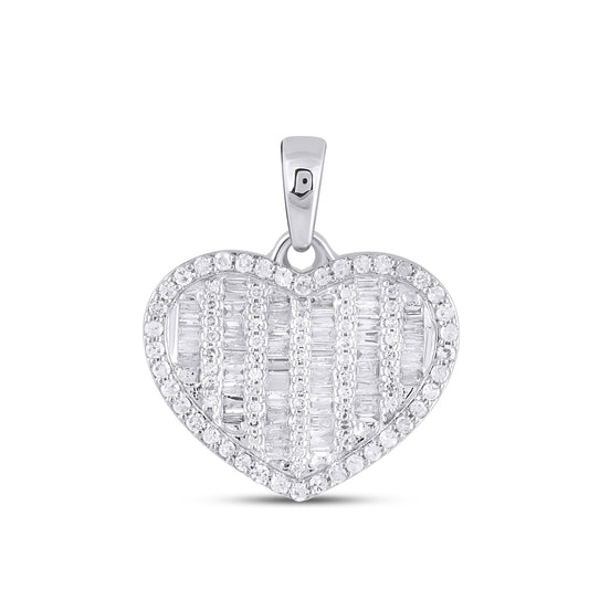 10K White Gold Round Baguette Diamond Heart Pendant 1/2 Cttw