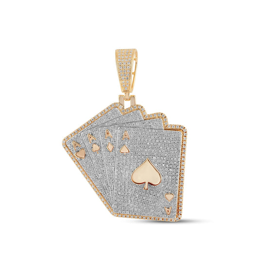 10K Yellow Gold Round Diamond Flush Cards Pendant 1-5/8 Cttw