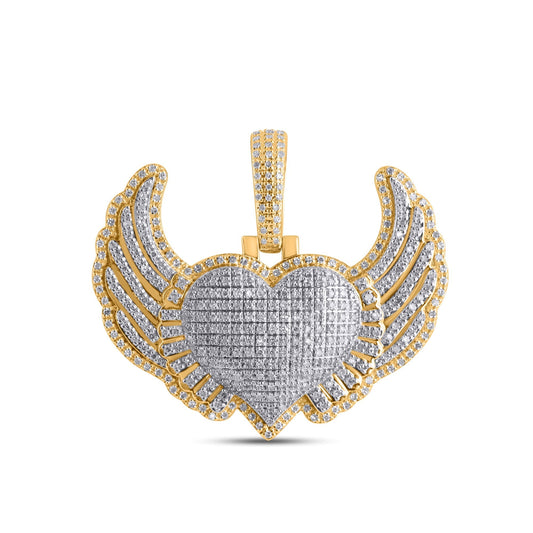 10K Yellow Gold Round Diamond Heart Wings Pendant 1-1/8 Cttw