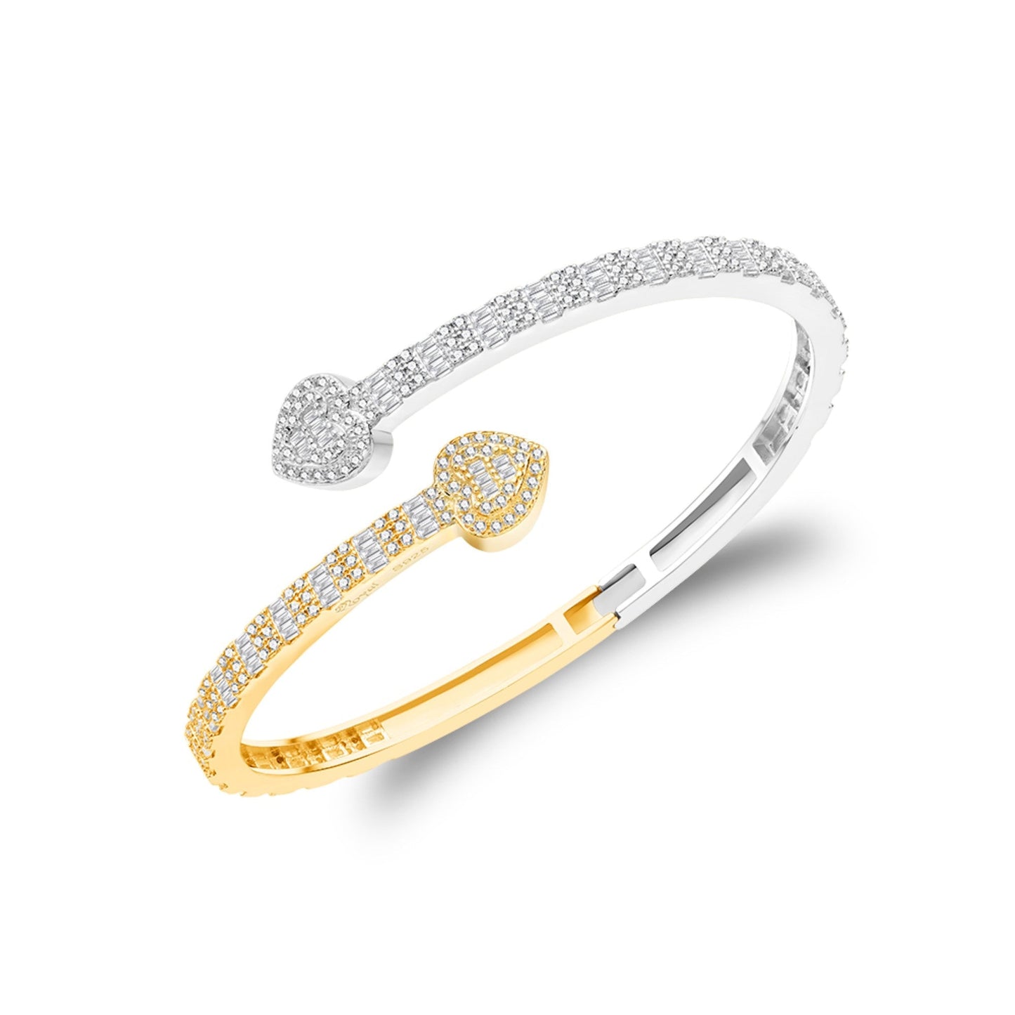S.Silver Moissanite Round & Baguette Heart Shape Bangle Bracelet RP+GP 3 Cttw