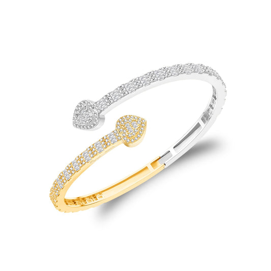 S.Silver Moissanite Round & Baguette Heart Shape Bangle Bracelet RP+GP 3 Cttw
