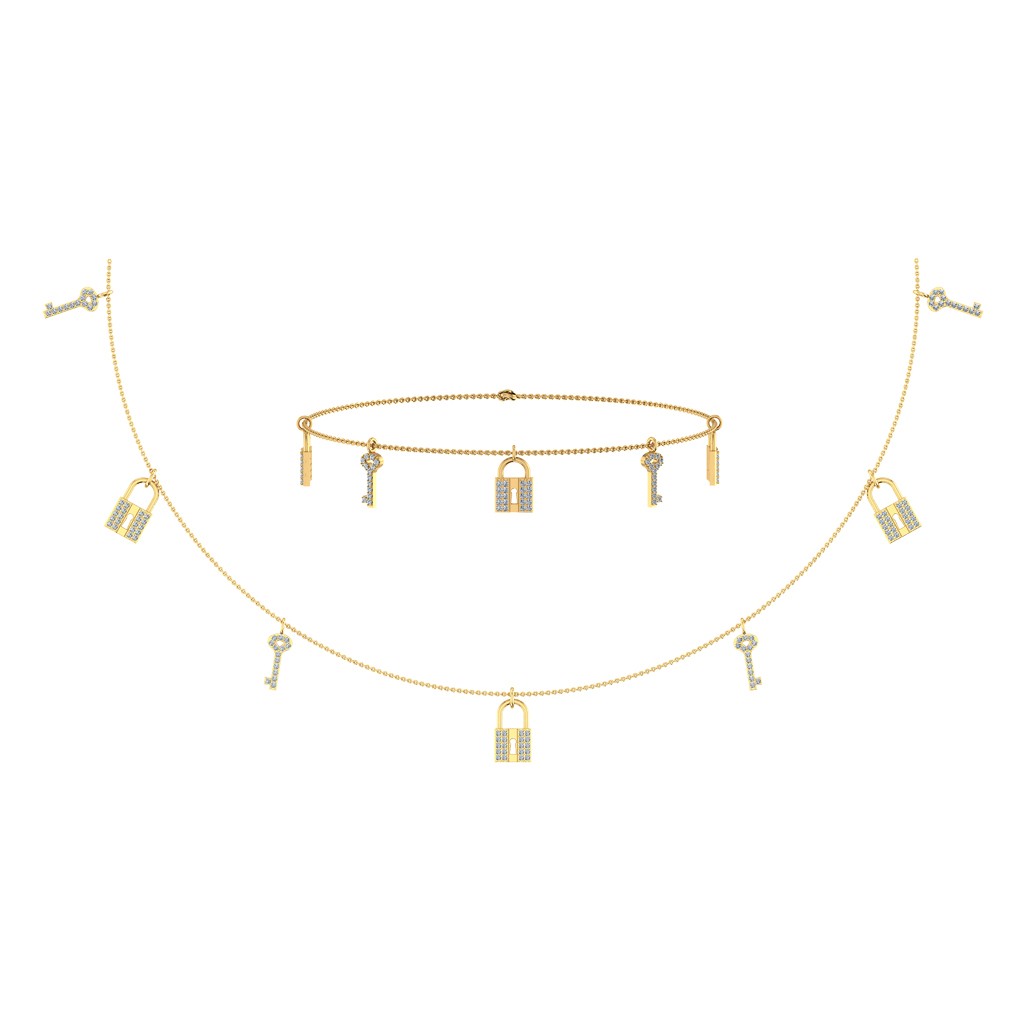14K Yellow Gold Lock & Key Link Necklace Bracelet Jewelry Set 1/2 Cttw