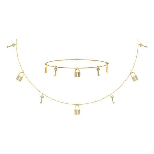 14K Yellow Gold Lock & Key Link Necklace Bracelet Jewelry Set 1/2 Cttw