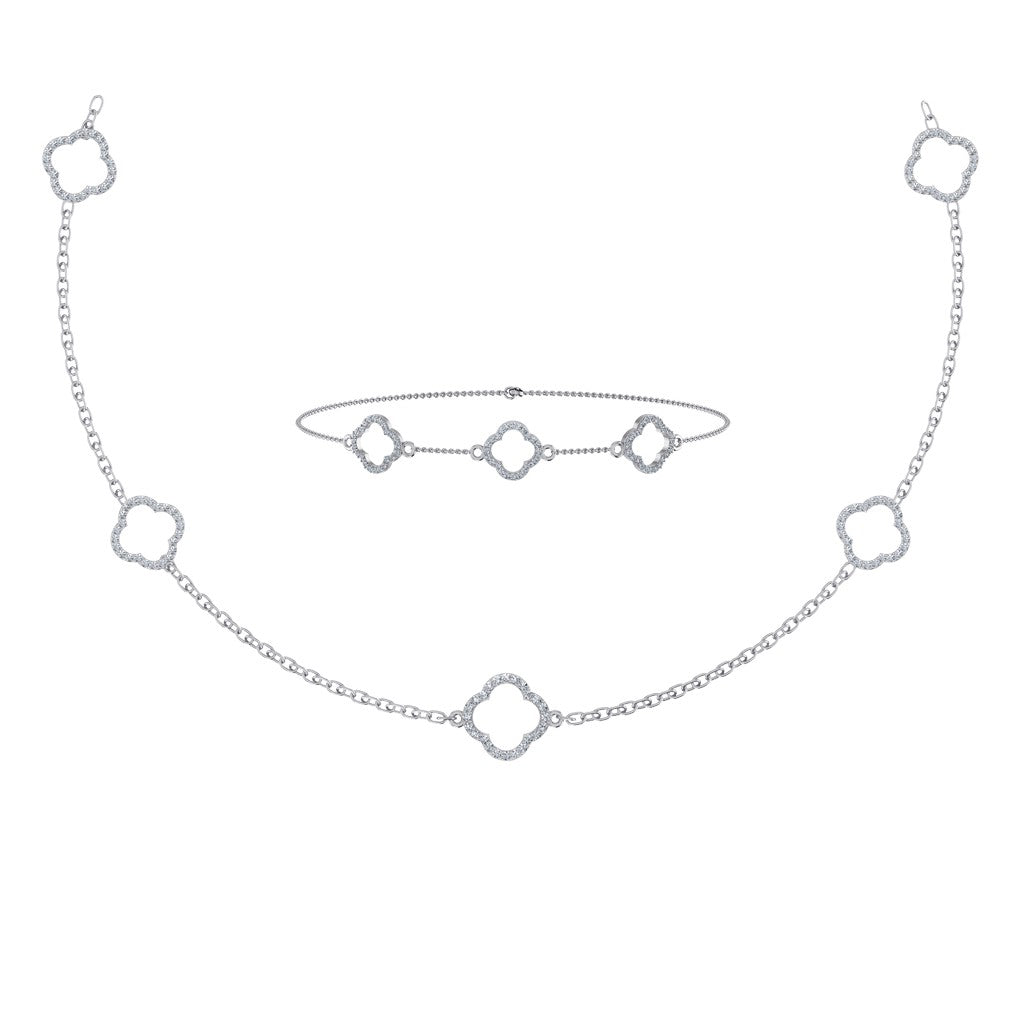 14K White Gold Round Link Necklace Bracelet Set 1-1/6 Cttw