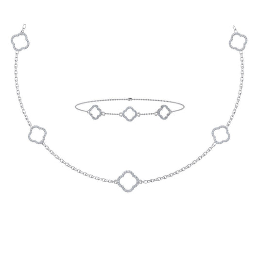 14K White Gold Round Link Necklace Bracelet Set 1-1/6 Cttw