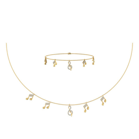 14K Yellow Gold Music Note Necklace Bracelet Set 1/3 Cttw