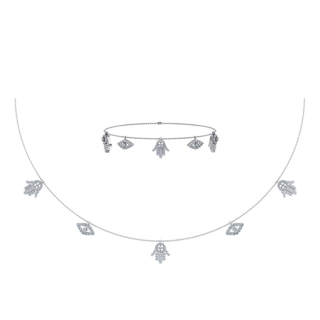 14K White Gold Hamsa Hand Evil Eye Necklace Bracelet Set 1-1/4 Cttw