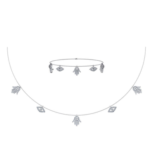14K White Gold Hamsa Hand Evil Eye Necklace Bracelet Set 1-1/4 Cttw
