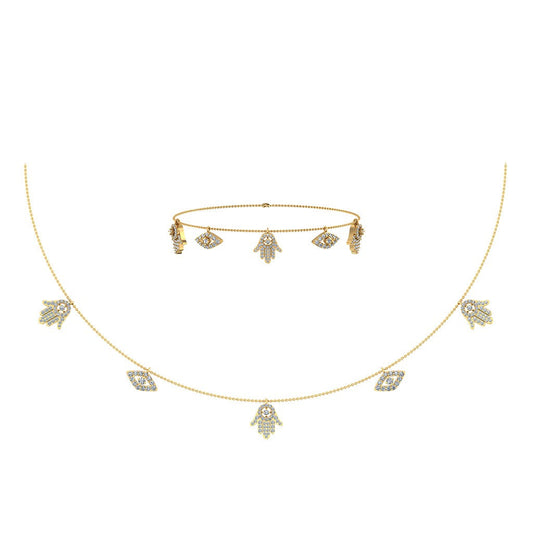 14K Yellow Gold Hamsa Hand Evil Eye Necklace Bracelet Set 1-1/4 Cttw