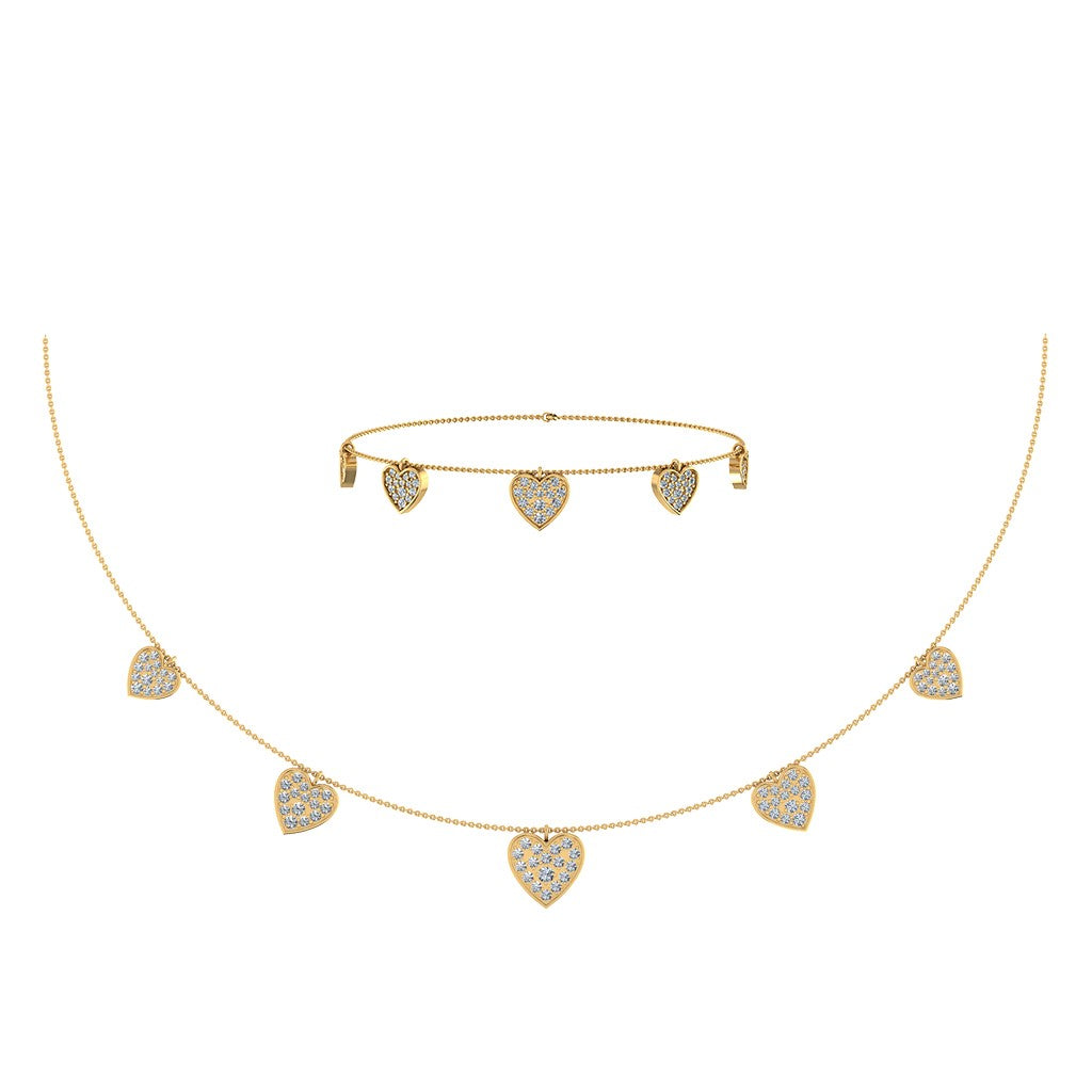 14K Yellow Gold Heart Necklace Bracelet Set 1-3/4 Cttw