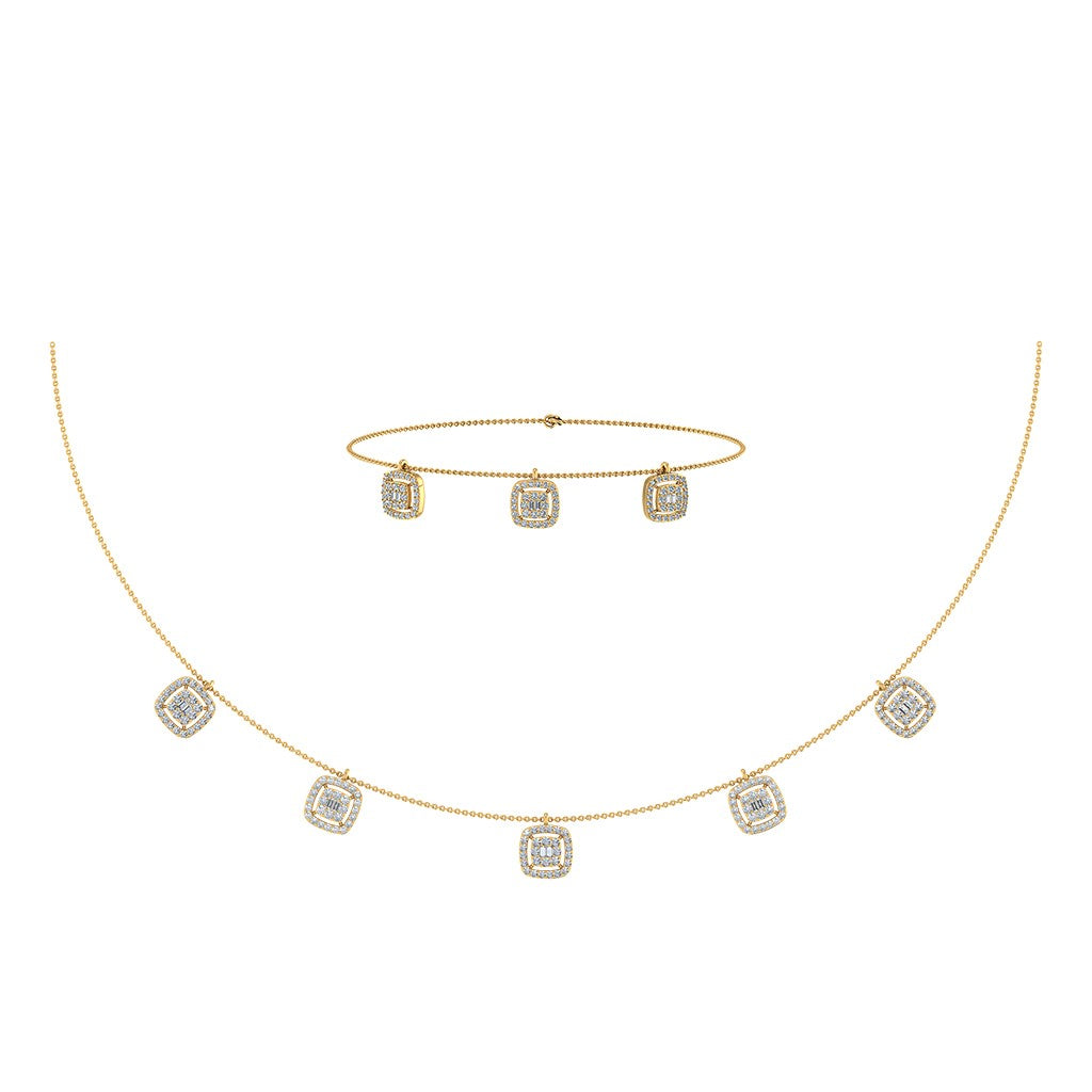 14K Yellow Gold Square Necklace Bracelet Set 1-1/3 Cttw