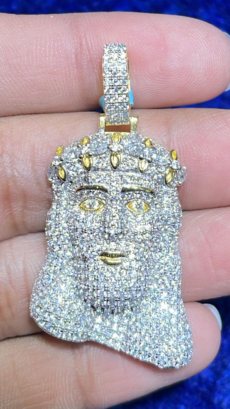 S.Silver Moissanite Jesus Face Religious Pendant RP+GP 3-1/3 Cttw