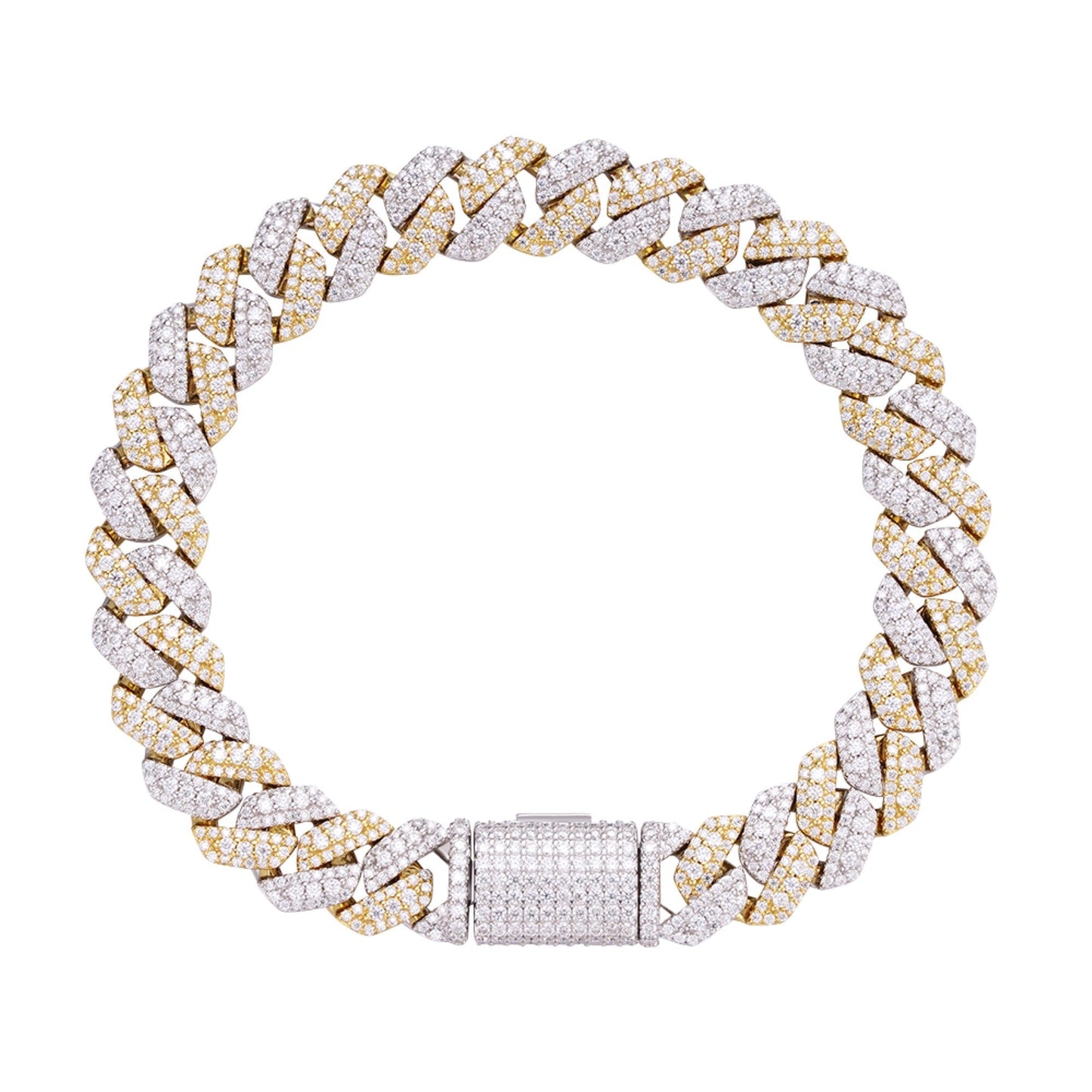 S.Silver Round Big Stone in Center Surrounded with Small Stones 10mm Moissanite Cuban Chain 8 Inch Bracelet RP+GP 6-7/8 Cttw