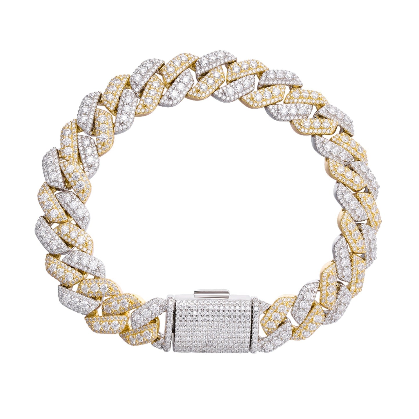 S.Silver Round Big Stone in Center Surrounded with Small Stones 12mm Moissanite Cuban Chain 8Inch Bracelet RP+GP 10-7/8 Cttw