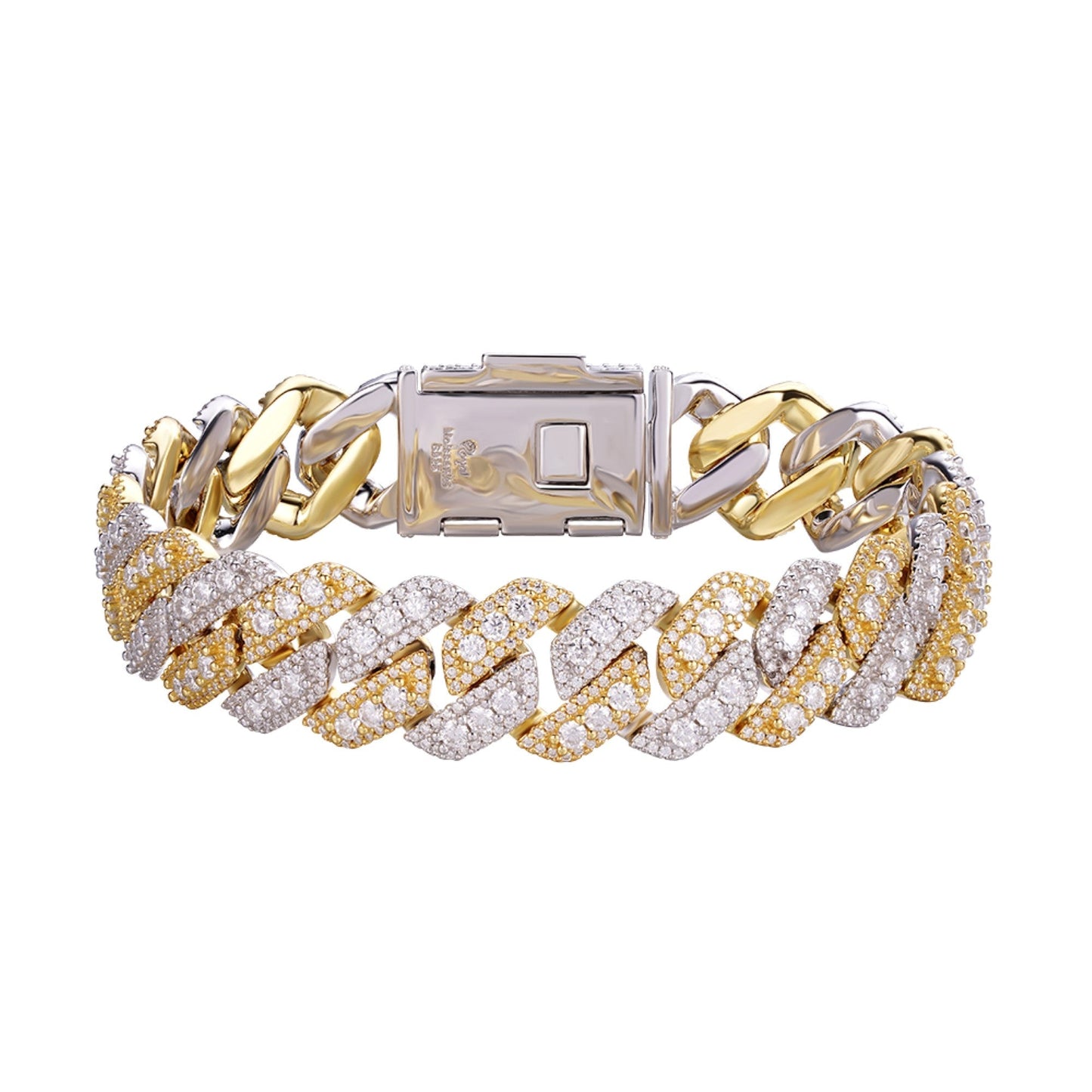 S.Silver Round Big Stone in Center Surrounded with Small Stones 14mm Moissanite Cuban Chain 8Inch Bracelet RP+GP 12-3/4 Cttw