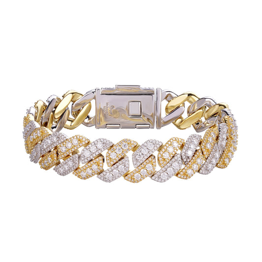 S.Silver Round Big Stone in Center Surrounded with Small Stones 14mm Moissanite Cuban Chain 8Inch Bracelet RP+GP 12-3/4 Cttw