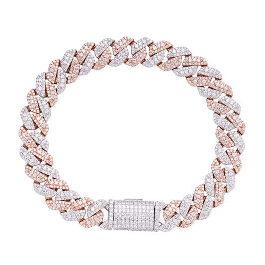 S.Silver Round Big Stone in Center Surrounded with Small Stones 10mm Moissanite Cuban Chain 8 Inch Bracelet RP+PP 6-7/8 Cttw